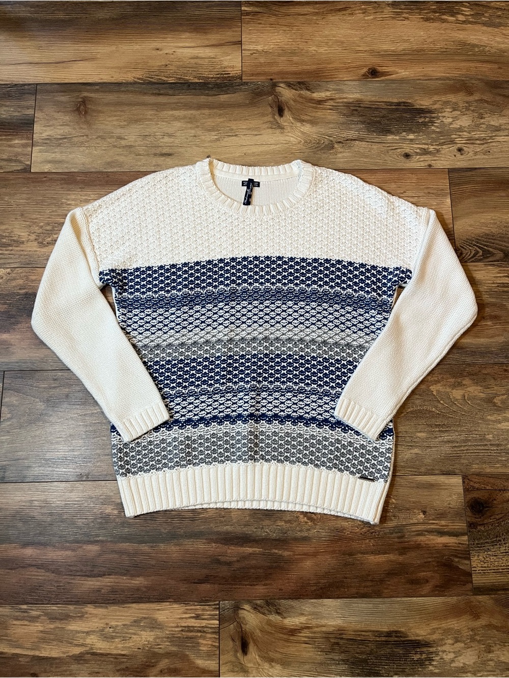 Saint James Textured Knit Sweater Women’s Cream Blue Nautical Luxury Pullover M